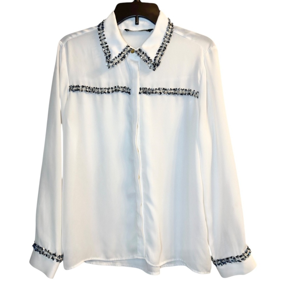 ZARA Women's Ivory Sheer Blouse Tweed Trim Long Sleeve Office Chic Classic S - Picture 5 of 15